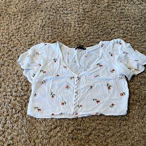 Crop V-neck button up white floral top